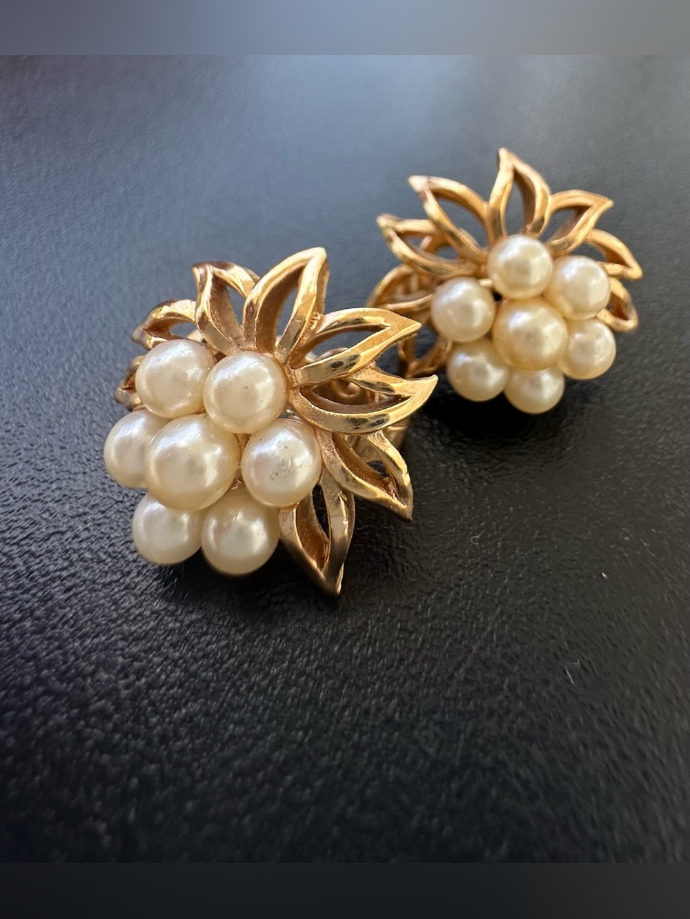 Vintage Gold-Tone Crown Trifari Faux Pearl Cluster Floral Clip Earrings